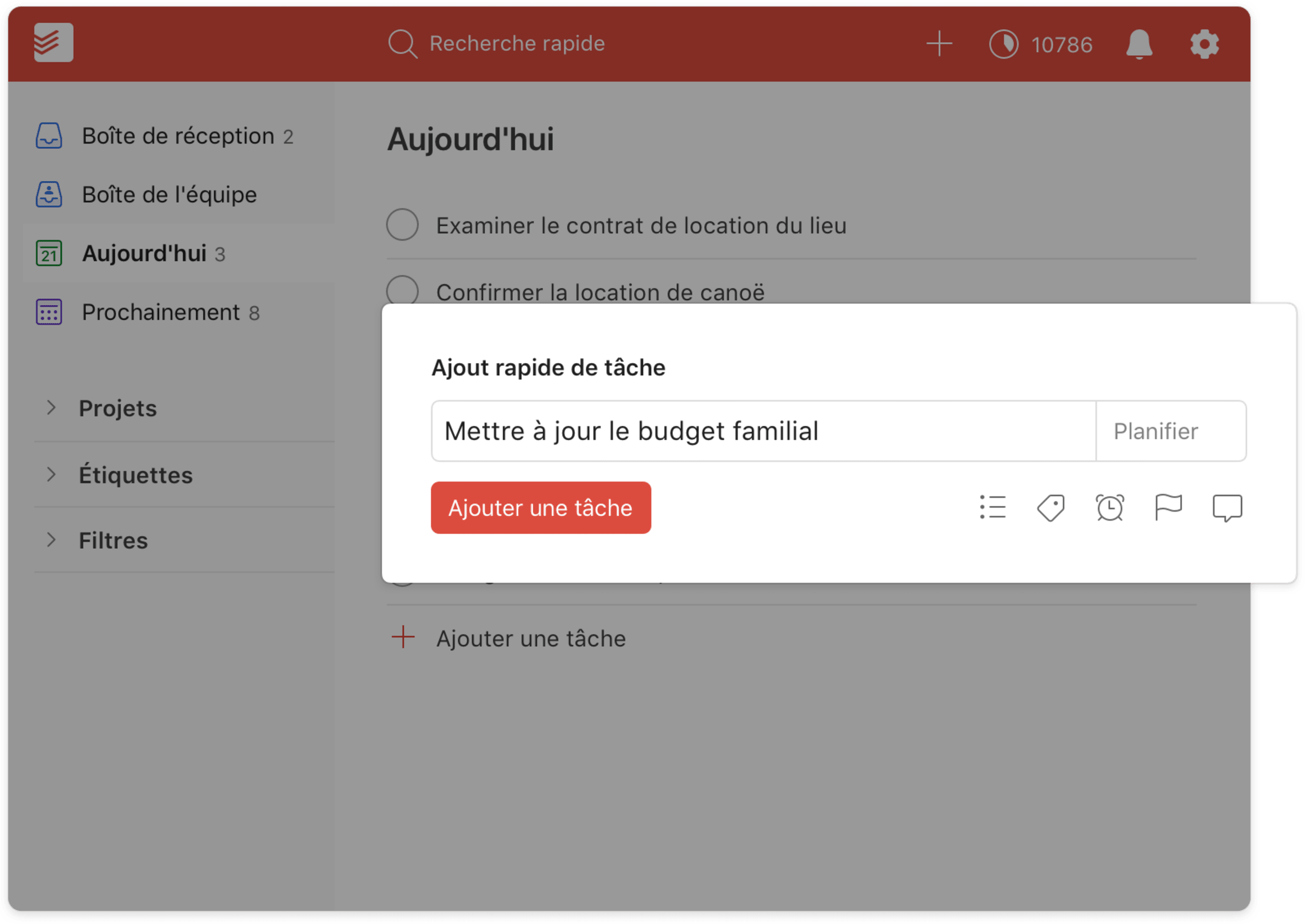 interface utilisateur de la fonction d'ajout rapide de Todoist