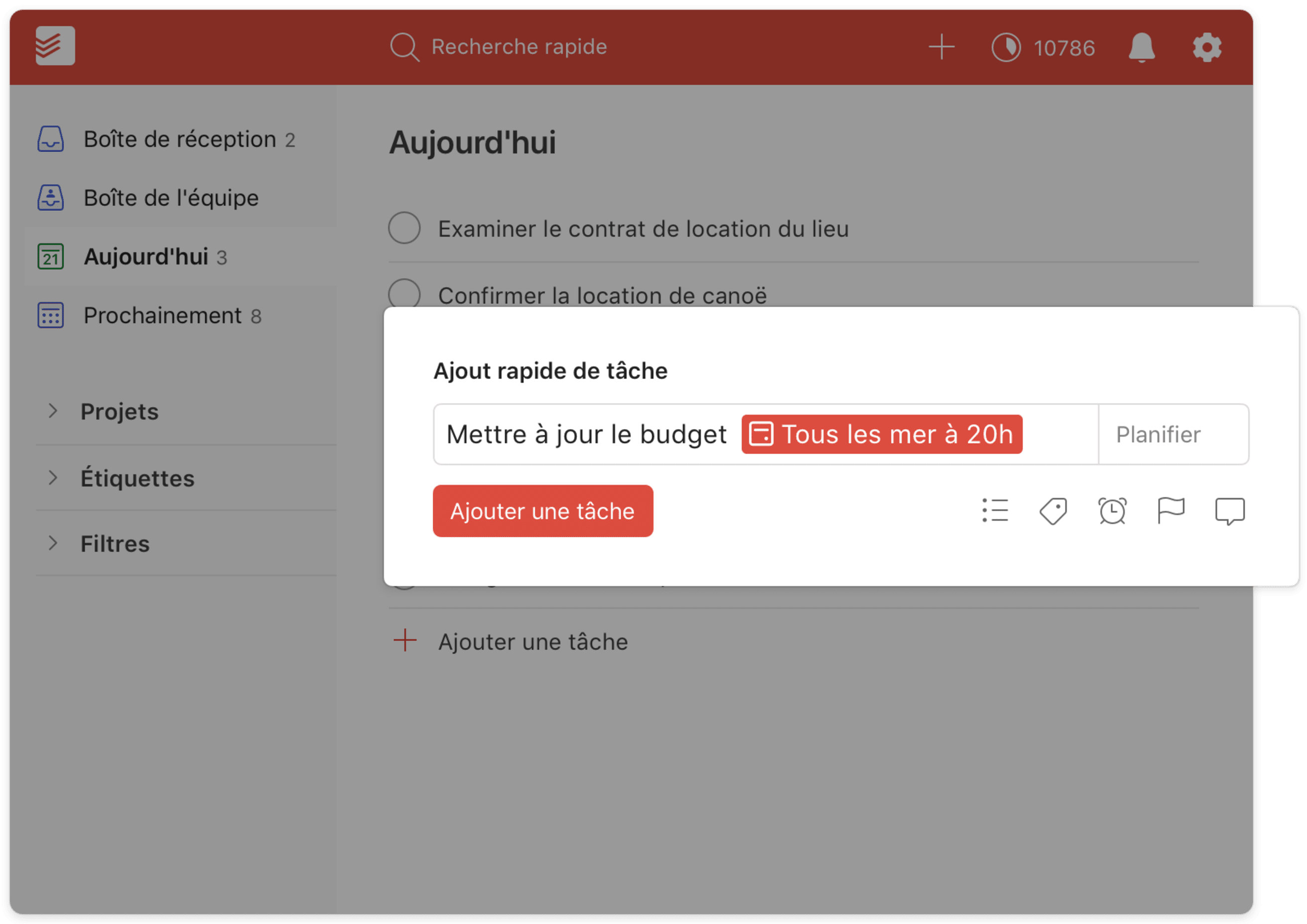 interface utilisateur des dates d'échéance récurrentes sur Todoist