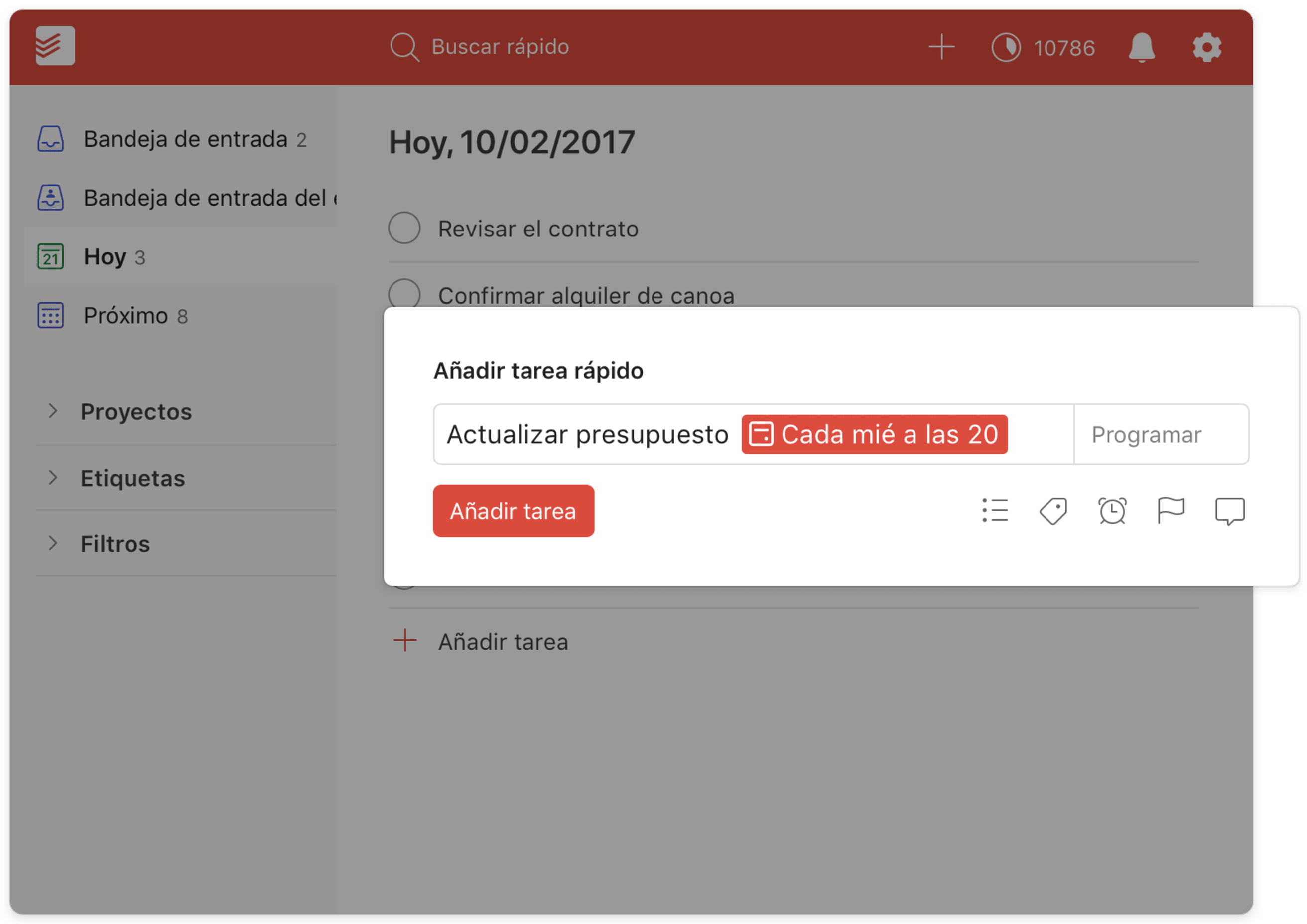 interfaz de usuario de fechas de vencimiento periódicas de todoist