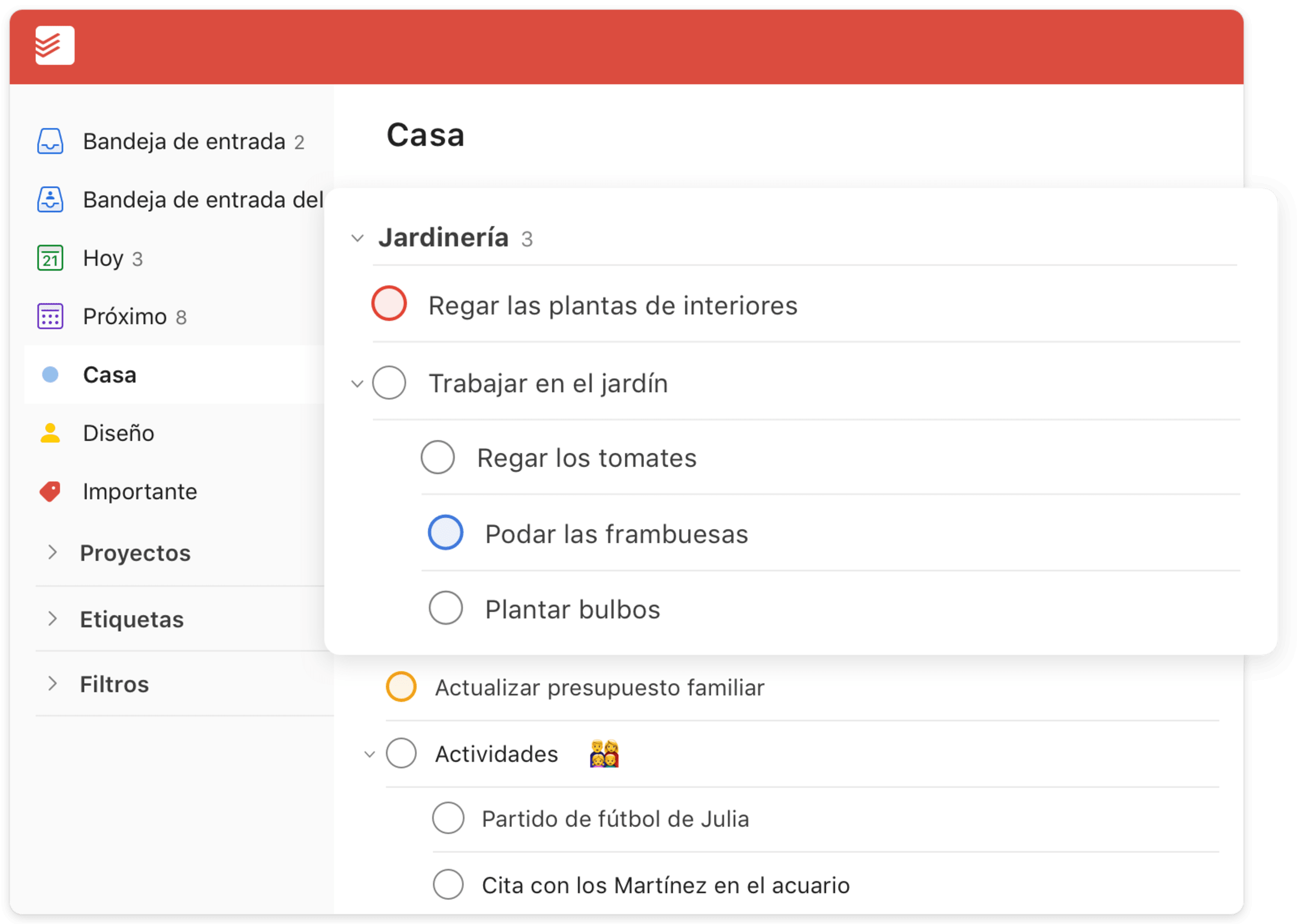 interfaz de usuario de secciones y subtareas de todoist