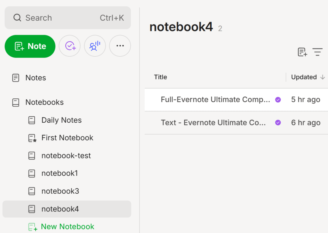 Evernote notebook stacks and notebooks listed in a sidebar