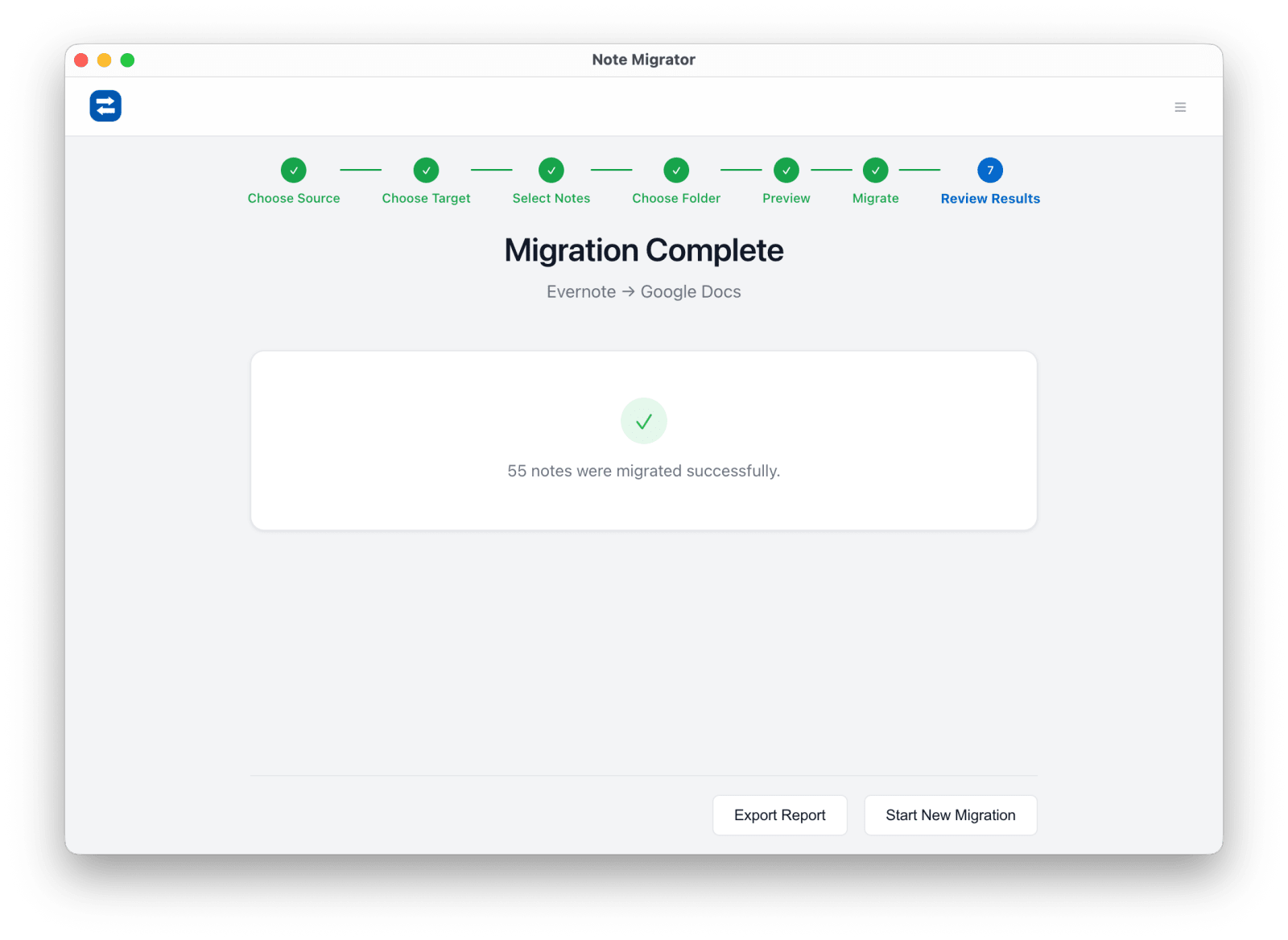 Evernote to Google Docs migration result summary in NoteMigrator