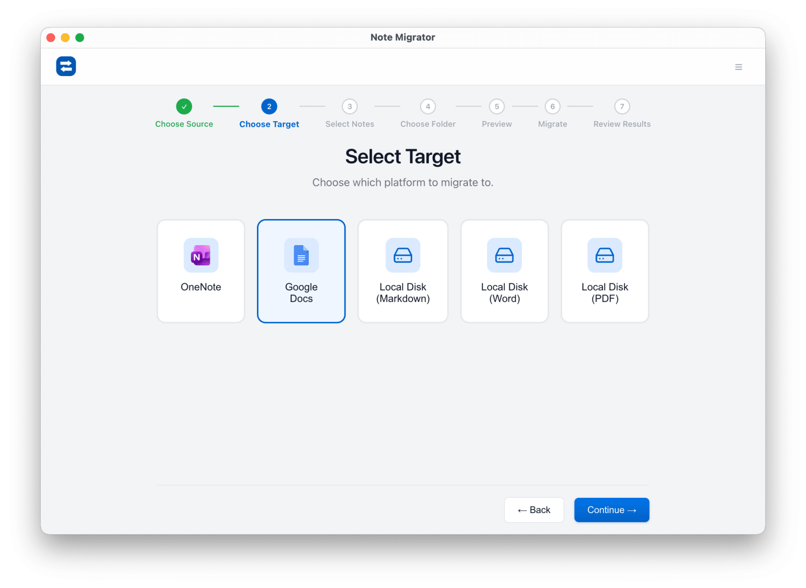 Choose Google Docs target in NoteMigrator