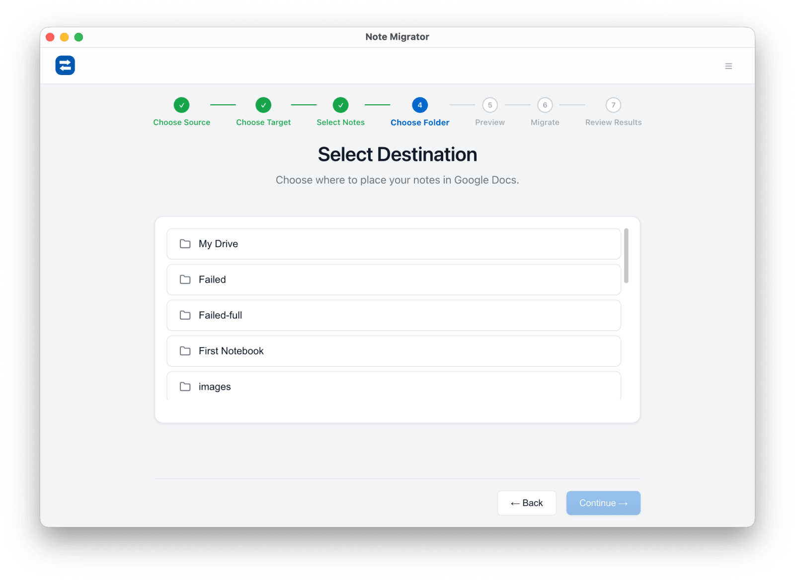 Select Google Drive destination for Evernote import