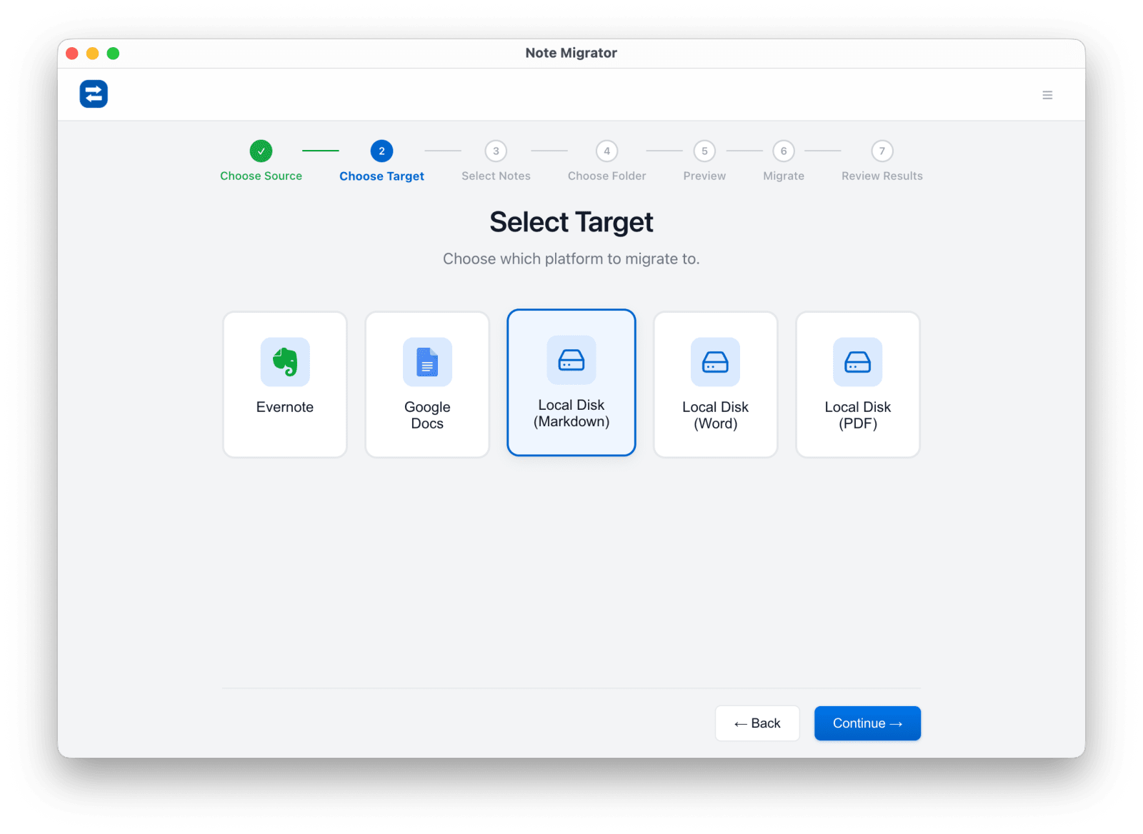 Choose Local Markdown target in NoteMigrator