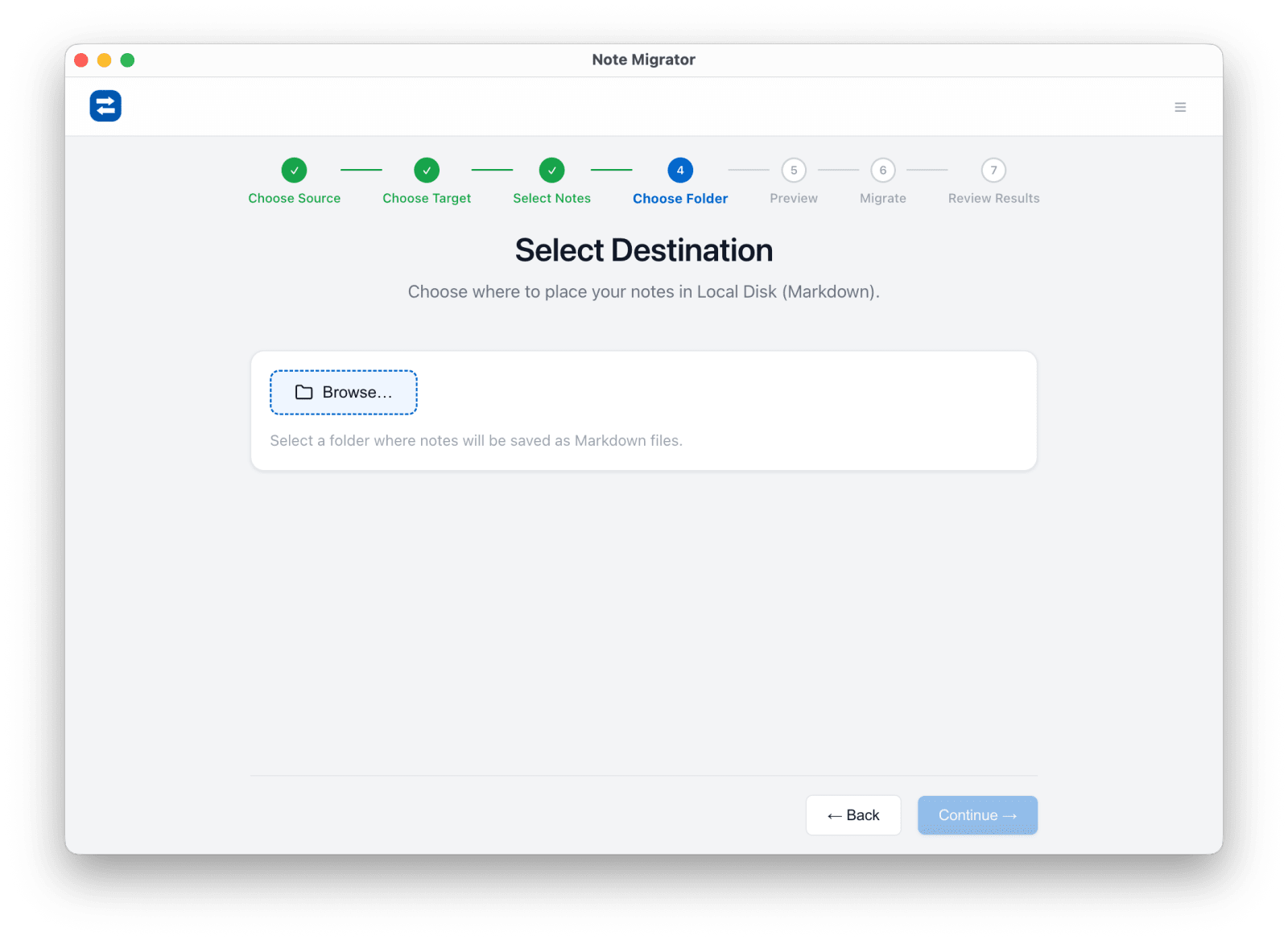 Select local target folder for Evernote Markdown export
