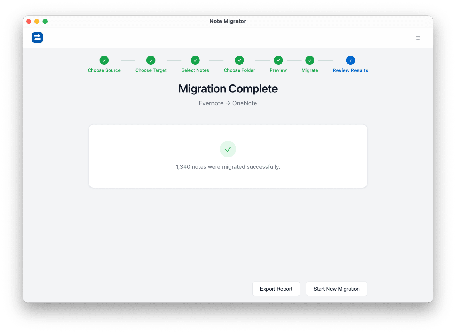 Evernote to OneNote migration result summary in NoteMigrator