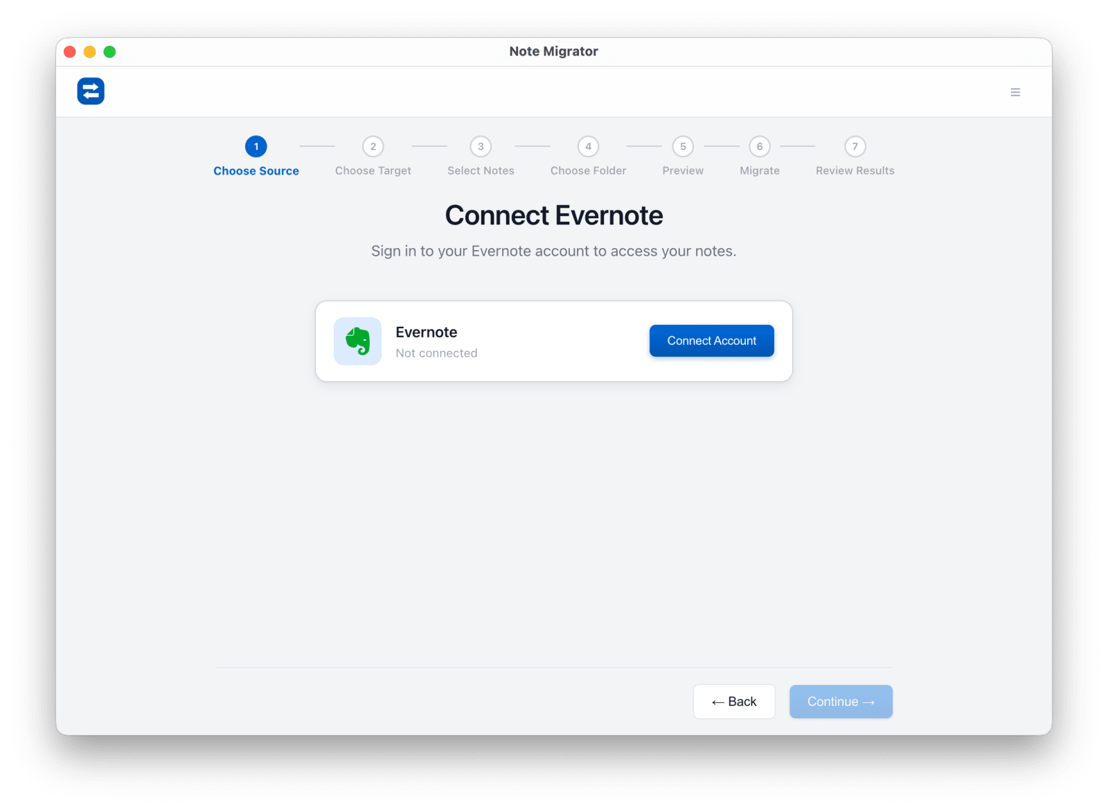 Connect Evernote account in NoteMigrator