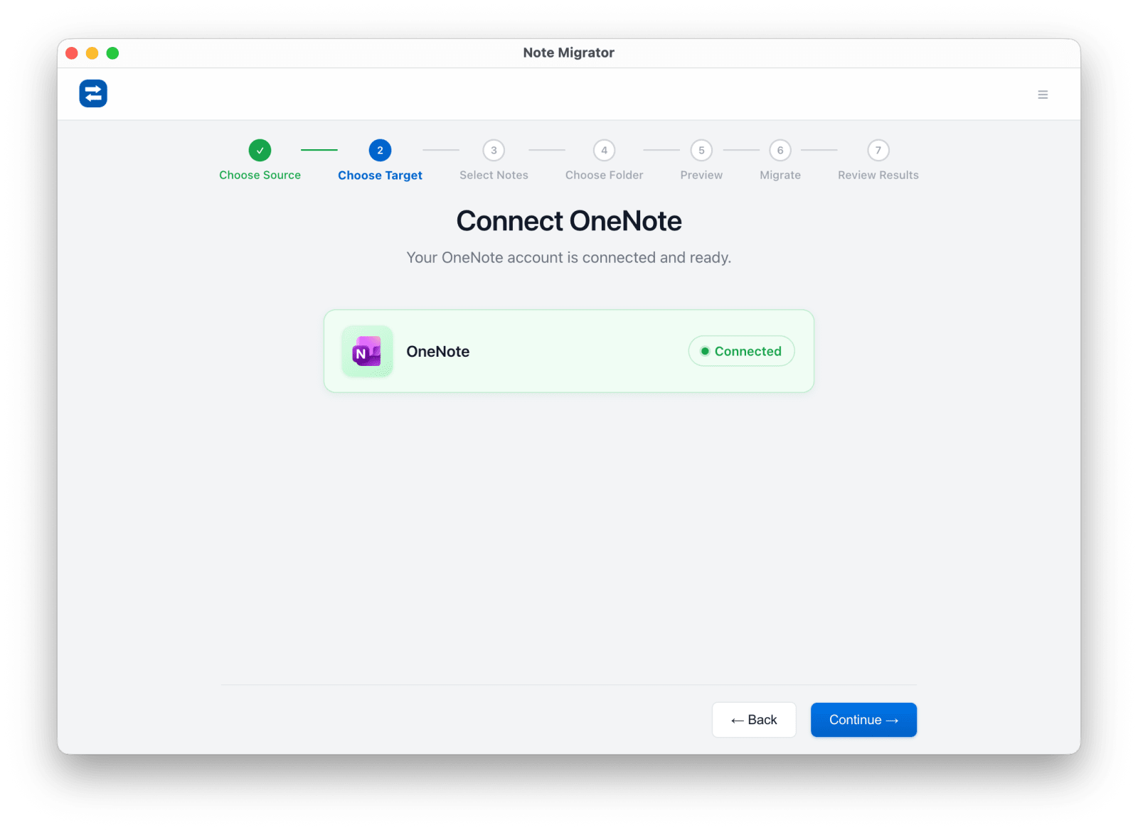 Connect OneNote target in NoteMigrator