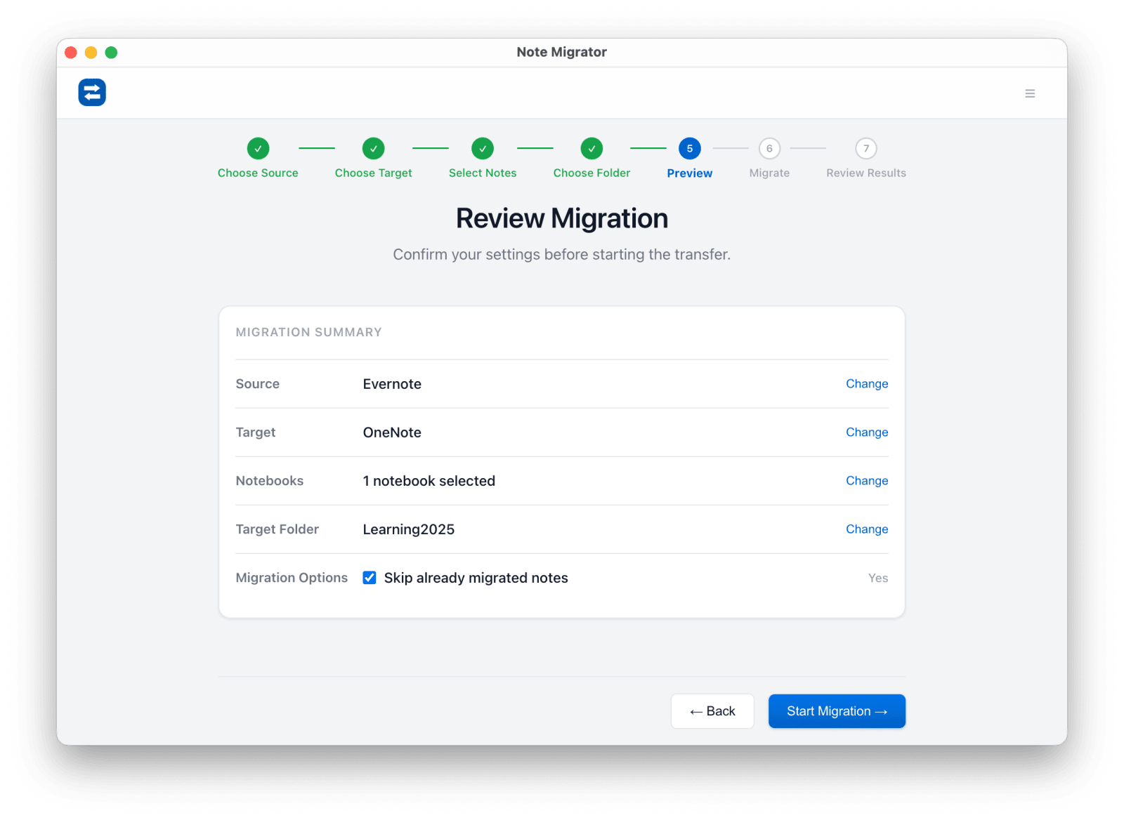 Review Evernote to OneNote selections before starting migration