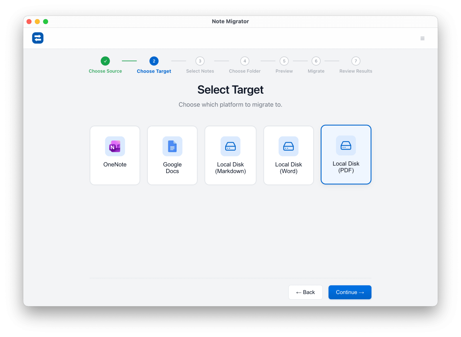 Choose Local PDF target in NoteMigrator