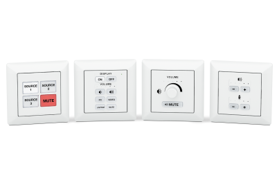 Four Extron network button panels provide EU mounting options