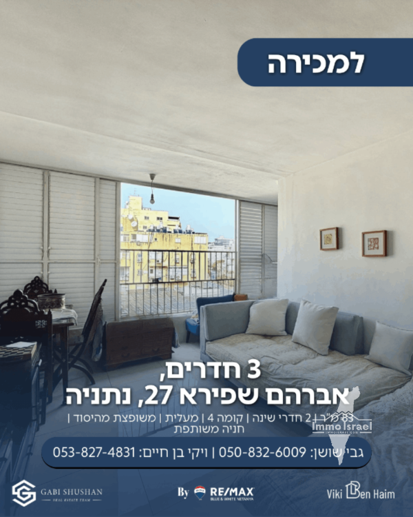 3-Room Apartment For Sale On Avraham Shapira Street, Netanya