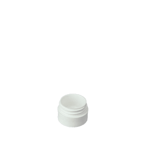 The image shows the Mold-Rite Plastics 0.1oz PP Jar. It is a small, cylindrical container with a smooth surface and a screw-on lid. The jar is made from white polypropylene plastic and appears to be lightweight and compact, ideal for holding small quantities of products like cosmetics or samples. The overall design is simple and functional.