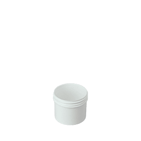 The image shows a Mold-Rite Plastics 2.0oz PP Jar. The jar is cylindrical with a smooth, even surface and a screw-top lid. It is made of white polypropylene plastic. The lid appears to be securely fastened, and the overall design is simple and functional, suitable for containing various products.