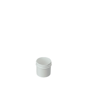 The image shows a small, clear plastic jar with a white screw-on lid. The jar is cylindrical and has a smooth surface. The product is called "Mold-Rite Plastics 1.0oz PP Jar." The jar is empty and the lid is securely fastened on top. The overall design is simple and functional, suitable for holding small quantities of various substances.