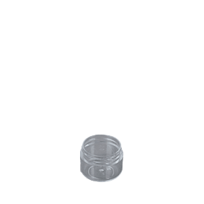The image shows the Mold-Rite Plastics 1.0oz PS Jar. It is a small, clear plastic container with a wide mouth opening and a screw-on lid. The jar is cylindrical in shape and appears to be made from transparent polystyrene material. The lid is also clear and fits securely on the jar. The overall design is simple and functional, suitable for storing small quantities of products.