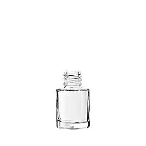 The image features a clear glass bottle named "Calaso 0.5oz Glass Bottle" by Glasmeister. The bottle has a sleek, cylindrical shape with a wide, rounded shoulder and a narrow neck that leads to a screw-top opening. The glass is transparent, allowing visibility of the contents inside. The bottle is empty and standing upright against a plain, white background.