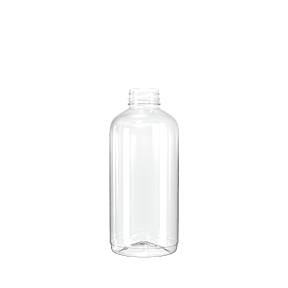 The image features the Resilux 28.0oz PET Bottle. The bottle is transparent, showing its clear, plastic material. It has a cylindrical shape with a smooth surface and a slight taper towards the top, leading to a standard screw cap opening. The bottle appears empty and is standing upright, with light reflections emphasizing its clarity and clean design.