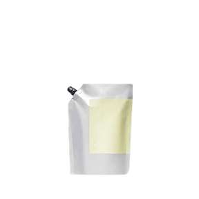 The image showcases the Identipak 5 oz PE Pouch Spouted Refill Pouch (150ml). This is a flexible, semi-transparent plastic pouch with a spout on the top right corner for easy dispensing. The pouch is empty, standing upright with a smooth surface. The spout is white and features a screw cap for secure closure. The overall design is simple and functional, emphasizing convenience for refilling purposes.