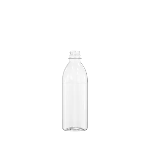 The image shows a Resilux 16.9oz PET Bottle (B500E5Q). The bottle is transparent and cylindrical with a narrow neck and a standard screw-top opening. The surface of the bottle is smooth, and it appears empty without any labels or branding. The overall design is simple and functional, suitable for containing beverages.