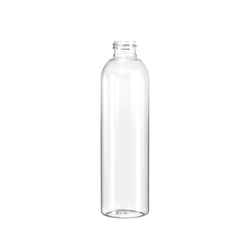 The image features the Resilux 33.8oz PET Bottle B1000E0H. This is a clear, transparent plastic bottle with a smooth, cylindrical shape. The bottle has a narrow neck that widens to form the main body, which is uniformly round and tapers slightly towards the base. The bottle appears empty and has no labels or markings on it. The overall design is sleek and minimalistic, suitable for various liquid products.