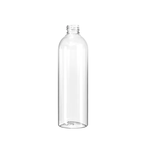 The image displays a clear, cylindrical Resilux 33.8oz PET Bottle (B1000E2Q). The bottle has a smooth surface with no visible label or markings, and it features a standard screw-top neck designed for a cap. The bottle's transparent nature highlights its clean and simple design.