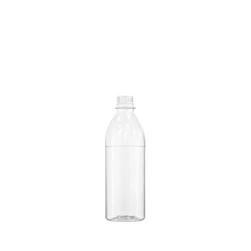 The image shows a Resilux 12.0oz PET Bottle. The bottle is transparent and cylindrical with a smooth surface. It has a narrow neck and a screw-top opening, suitable for attaching a cap. The overall design is simple and functional, making it easy to see the contents inside. The bottle stands upright and appears to be lightweight.