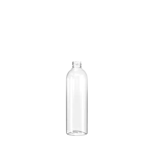 The image shows a clear plastic bottle with a cylindrical shape and a slightly tapered neck, which features a screw-top opening. The bottle is empty and transparent, allowing a complete view through it. This product is the Resilux 10.0oz PET Bottle A100E5X.