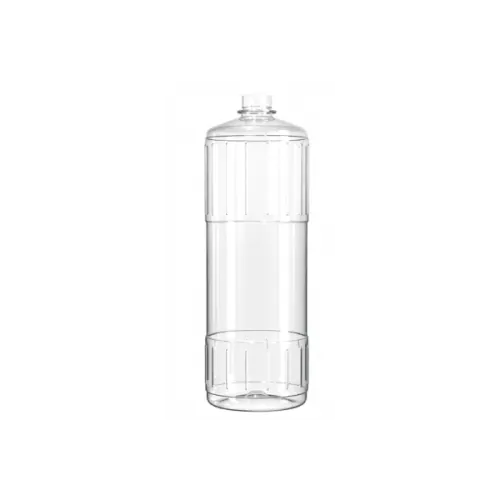 The image shows a clear, cylindrical PET bottle known as the Resilux 40.0oz PET Bottle. The bottle features a smooth surface and a wide mouth opening, with a standard screw-top neck. The bottle is empty and stands upright, showcasing its transparent material and simple, functional design. 