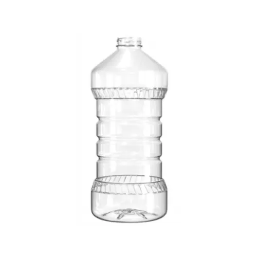 The image shows a clear, cylindrical plastic bottle with a flat base and a screw-on cap. The bottle is labeled as the "Resilux 64.0oz PET Bottle." The design is simple and functional, with smooth, transparent sides that allow the contents to be visible. The bottle is tall and has a wide mouth, making it suitable for storing liquids.