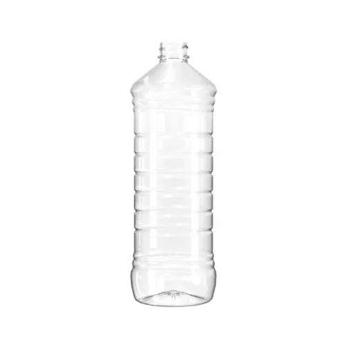 The image shows a clear, cylindrical Resilux 48.0oz PET bottle. The bottle has smooth, transparent walls and a standard screw-top opening. It is empty and stands upright, showcasing its ample capacity for various liquid contents. The design of the bottle is simple and functional, highlighting its versatility for packaging needs. 