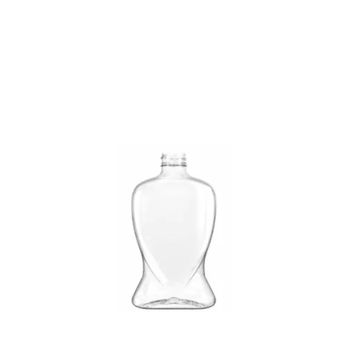 The image shows a clear plastic bottle labeled as "Resilux 13.5oz PET Bottle." The bottle has a cylindrical shape with smooth, straight sides and a flat base. The neck of the bottle is slightly narrower than the body, leading up to a threaded top designed for a screw-on cap (not shown in the image). The bottle is transparent, showcasing its clean and simple design, which is suitable for various liquid products.