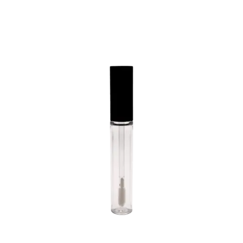 The image features the JCOP 0.3oz PP Lip Gloss Tube. This product is a small, clear, cylindrical tube designed for lip gloss. It has a screw-on cap that appears to be made of the same material as the tube. The tube is empty and transparent, allowing the contents inside to be visible when filled. The design is sleek and minimalistic, suitable for easy application and portability.