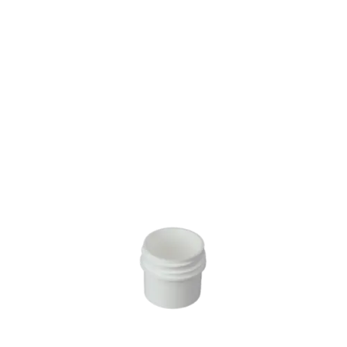 The image displays a small, clear plastic jar with a white screw-on lid. The jar is cylindrical and appears to be empty. This container is identified as the "Mold-Rite Plastics 0.3oz PP Jar." The jar's transparent body allows visibility of its contents, and the smooth, white cap provides a secure closure.
