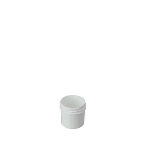 The image shows a small, clear plastic jar with a white screw-on lid. The jar is cylindrical and has a smooth surface. The product is called "Mold-Rite Plastics 1.0oz PP Jar." The jar is empty and the lid is securely fastened on top. The overall design is simple and functional, suitable for holding small quantities of various substances.