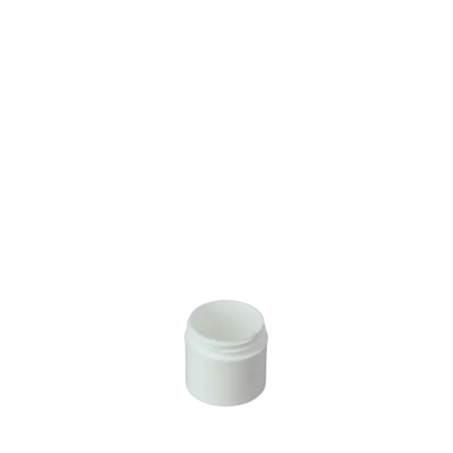 The image shows a Mold-Rite Plastics 1.0oz PP Jar. The jar is cylindrical with a smooth, rounded shape and a wide screw-on lid. It is made of translucent polypropylene (PP) plastic, allowing a glimpse of the contents inside. The overall design is simple and functional, suitable for storing small quantities of creams, lotions, or other cosmetic and personal care products.