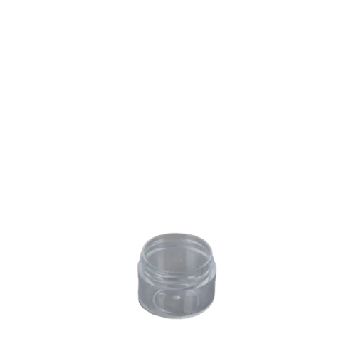 The image showcases the Mold-Rite Plastics 0.8oz PS Jar. The jar is small, cylindrical, and made of clear plastic, allowing visibility of its contents. It has a smooth, flat base and a screw-on lid that matches the body of the jar. The overall design is simple and functional, suitable for holding small quantities of products like creams or gels.