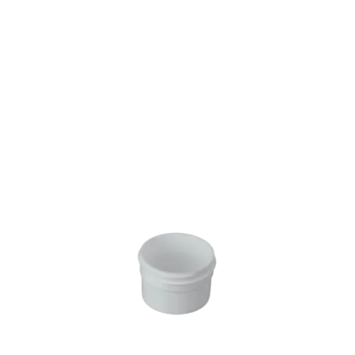 The image displays a small, clear plastic jar with a white screw-on lid. The jar is cylindrical and transparent, allowing the contents inside to be visible. The product name is the Mold-Rite Plastics 0.5oz PS Jar.
