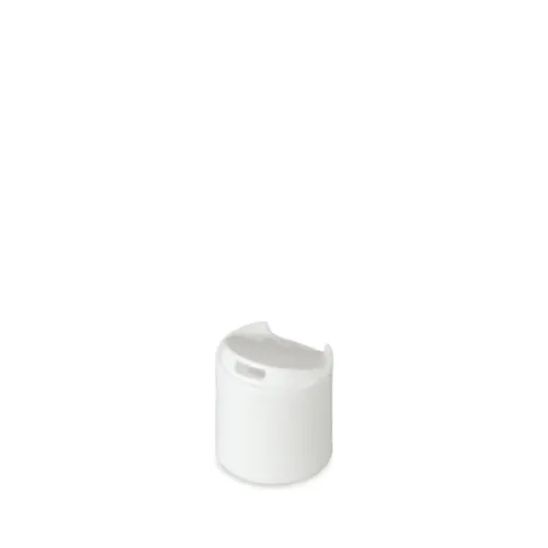 The image features the Mold-Rite Plastics PP Disc Top Cap 24-410. This is a black plastic cap designed for a 24-410 neck finish. The cap has a smooth, slightly rounded surface with a flat top that includes a small disc mechanism for dispensing. The disc top can be pressed to open or close the dispensing hole, allowing for controlled release of the product inside the container. The overall design is sleek and functional, suitable for various liquid products.