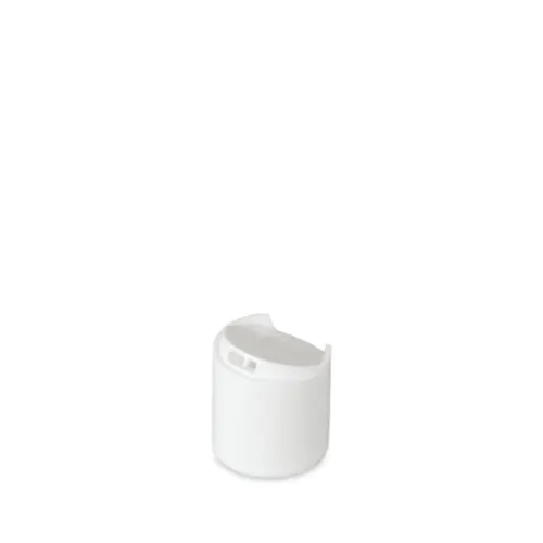 The image shows the Mold-Rite Plastics PP Disc Top Cap 24-410. It is a white, cylindrical plastic cap with a smooth surface and a disc top mechanism. The cap has a flat top with a small, circular opening in the center, designed to dispense product when the disc is pressed down on one side. The base of the cap has a threaded design to screw onto compatible containers. The overall appearance is clean and simple, suitable for personal care or household products.