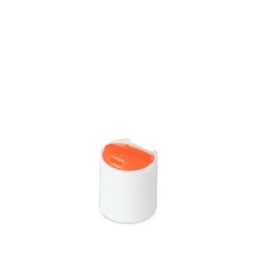 The image depicts the Mold-Rite Plastics PP Disc Top Cap 24-410. The cap is white and has a cylindrical shape with a flat top and a smooth finish. The top of the cap features a small, circular disc that can be pressed to open and dispense the product inside. The side of the cap has a slight ridge for grip. The cap is designed to fit bottles with a 24-410 neck size. 