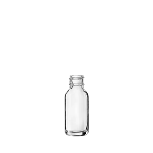 The image showcases the "Calaso 0.5oz Glass Bottle." The bottle is cylindrical with a clear, transparent body, allowing the contents to be visible. It features smooth, straight sides and a flat base, ensuring stability when placed on a surface. The neck of the bottle is narrow and designed to accommodate a screw-on cap or dropper. The simplicity and elegance of the design make it suitable for a variety of liquid products.