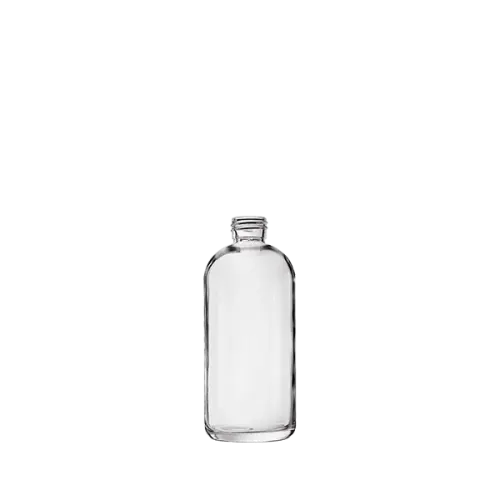 The image shows the Calaso 6.8oz Glass Bottle HF13844-100. It is a clear, cylindrical glass bottle with a smooth, transparent surface. The bottle has a narrow neck and a screw-threaded top, designed to accommodate a cap or lid. The overall design is sleek and minimalist, suitable for various liquids or substances. The bottle is empty and placed against a plain white background.