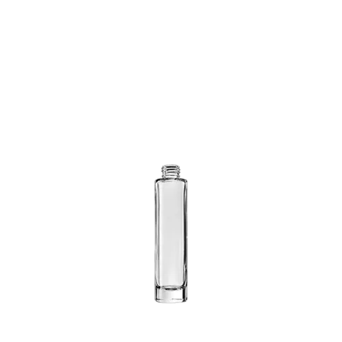 The image shows the Calaso 1.7oz Glass Bottle, a clear, cylindrical bottle with a smooth surface and a narrow neck. The bottle has a simple, elegant design and is empty, showcasing its transparent glass material. The neck appears to be threaded, indicating that it is designed to accommodate a screw-on cap or dispenser. This bottle is typically used for storing liquids such as cosmetics, oils, or other similar products.