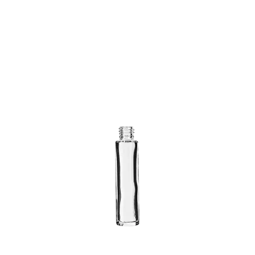 The image displays a clear glass bottle named "Calaso 0.3oz Glass Bottle." The bottle has a cylindrical shape with smooth, transparent glass and a flat base. It features a narrow neck and a screw-top opening, suitable for securely sealing the contents. The bottle has a minimalist design, showcasing the clarity and quality of the glass material.
