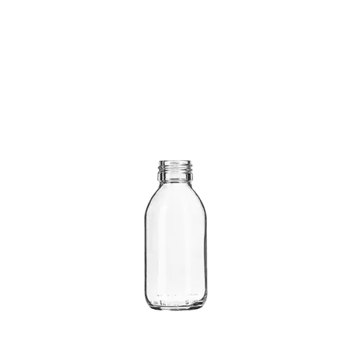 The image displays a clear, cylindrical glass bottle named "Calaso 4.2oz Glass Bottle." The bottle features smooth, transparent glass with a slightly tapered neck and a flat base. The cap is not shown in the image, and there are no labels or markings on the bottle, highlighting its clean and simple design. The overall aesthetic is minimalistic and elegant, making it suitable for various liquid products.