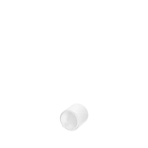 The image displays the Calaso PP Dropper DIN18, a product designed for dispensing liquids. The dropper has a white ribbed cap and a clear glass pipette. The cap features a smooth, rounded top for easy handling. The pipette extends downward from the cap, indicating its use for precise liquid measurement and application.