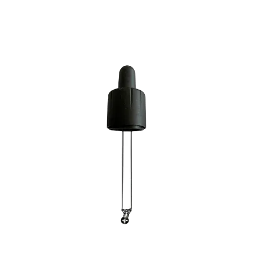 The image depicts the Calaso PP Dropper DIN18. It features a white plastic dropper cap with a ribbed design for easy grip. The cap is attached to a transparent glass pipette for precise liquid dispensing. The dropper is designed to fit DIN18 neck bottles, commonly used for essential oils, serums, and other liquid products. The overall design is sleek and functional.