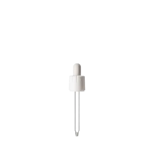 The image shows the Calaso PP Dropper DIN18. It is a plastic dropper with a white, ribbed screw cap and a transparent pipette. The design appears sleek and functional, ideal for dispensing liquid products with precision.